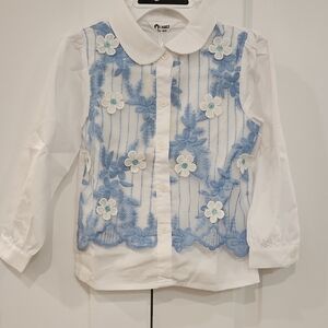 NWT Kids White and Blue Floral Embroidery Button Down Shirt